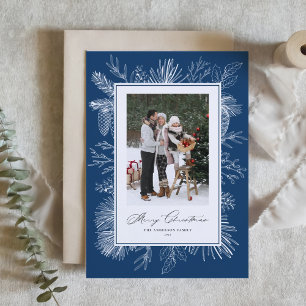 Cartão De Festividades Marinho Azul Quadro Botânico Feliz Foto de Natal