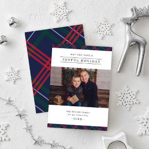 Cartão De Festividades Marinho clássico Tartan Xadrez Foto alegre