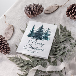 Cartão De Festividades Marinho de Aquarela Árvores de Pinheiros Azuis Fel