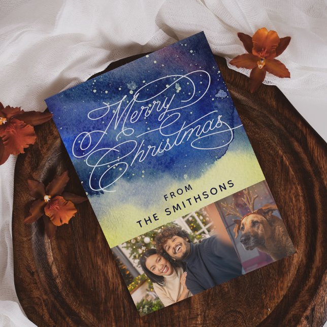 Cartão De Festividades Marinho de Aquarela e Caligrafia Azul 2 Fotografia (Criador carregado)