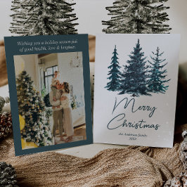 Cartão De Festividades Marinho de Aquarelas Blue Pine Trees Foto Natal