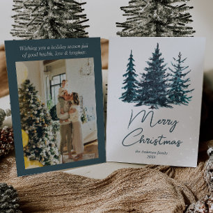 Cartão De Festividades Marinho de Aquarelas Blue Pine Trees Foto Natal