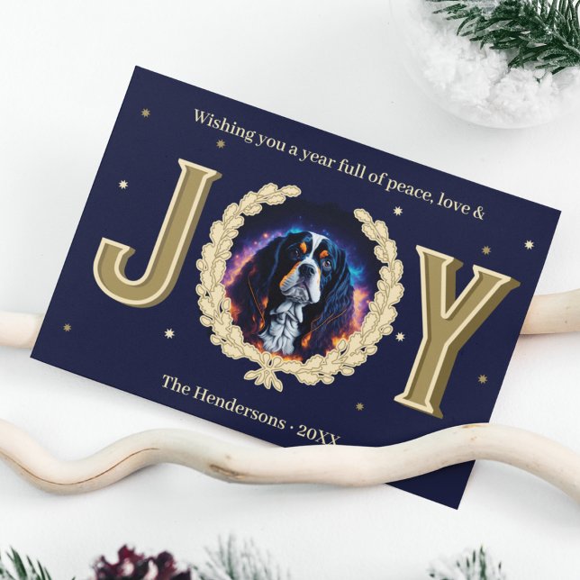 Cartão De Festividades Marinho de Cachorro Charles Spaniel Dourado Natal (Custom Charles Spaniel Dog Navy Gold Joy Christmas Holiday Card
)