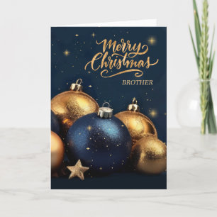 Cartão De Festividades Marinho do irmão Azul e Ornamentos Dourados Natal