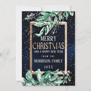 Cartão De Festividades Marinho Dourado de Neve Inverno Folha Água Natal