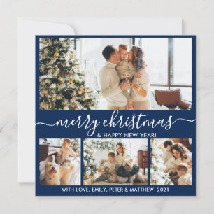 Cartão De Festividades Marinho Elegante e Natal da Colagem de Fotos Branc