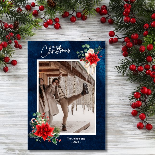 Cartão De Festividades Marinho Holly Berries Feliz Foto de Natal (Criador carregado)