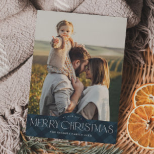 Cartão De Festividades Marinho Russo Xadrez Azul 2 Foto Feliz Natal