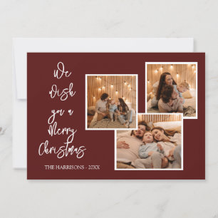 Cartão De Festividades Maroon das Três Fotografias do Natal de inverno