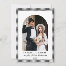 Cartão De Festividades Married and Bright Arch Photo Black White Plaid 