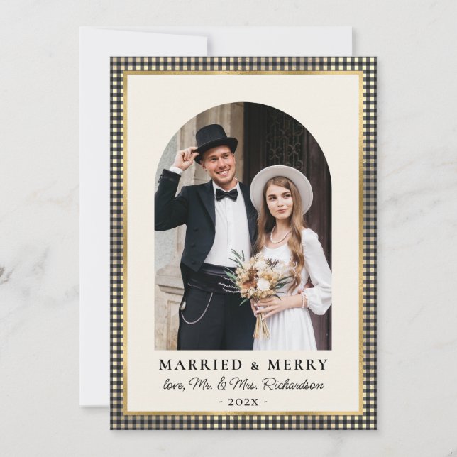 Cartão De Festividades Married and Merry Arch Photo Black Gold Plaid  (Frente)