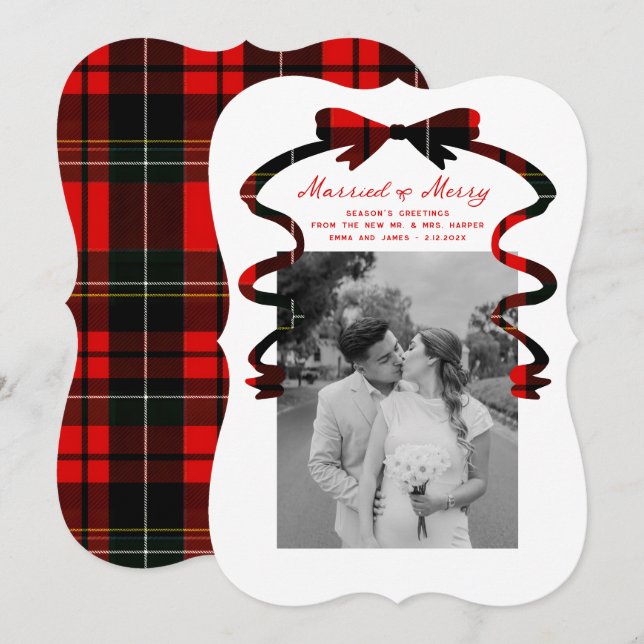 Cartão De Festividades Married and Merry Bow Photo Christmas Newlyweds (Frente/Verso)