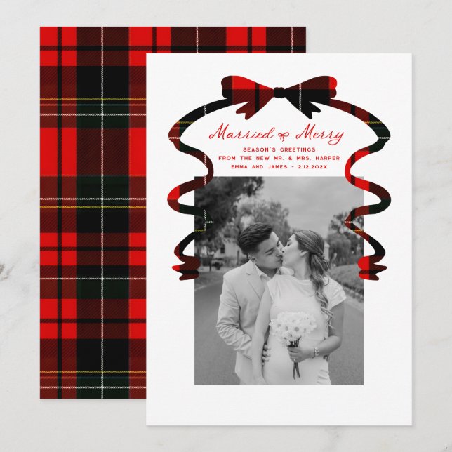 Cartão De Festividades Married and Merry Bow Photo Christmas Newlyweds (Frente/Verso)