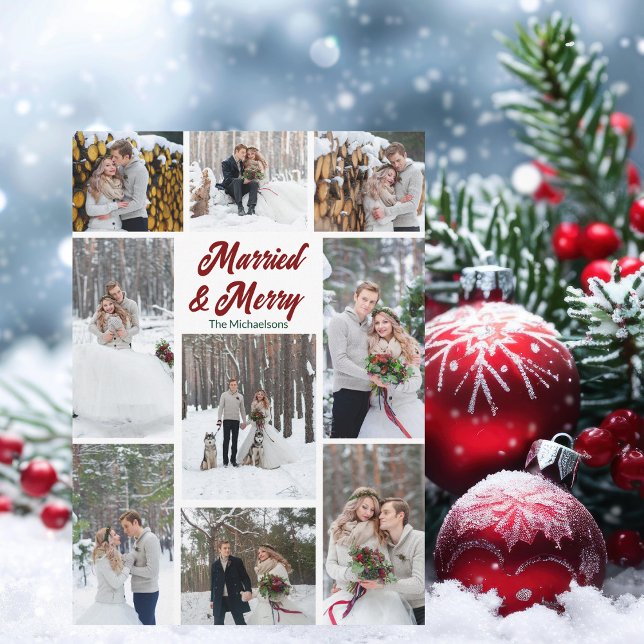 Cartão De Festividades Married & Merry Christmas Couple Photo Collage (Criador carregado)