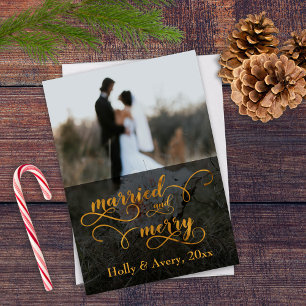 Cartão De Festividades Married & Merry Faux Gold Foil Typography w/ Photo