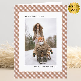 Cartão De Festividades Marrom Chocolate Gingham com Duas Fotos de Natal M