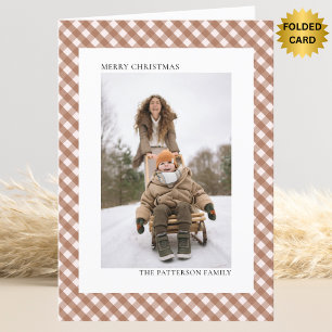 Cartão De Festividades Marrom Chocolate Gingham com Duas Fotos de Natal M