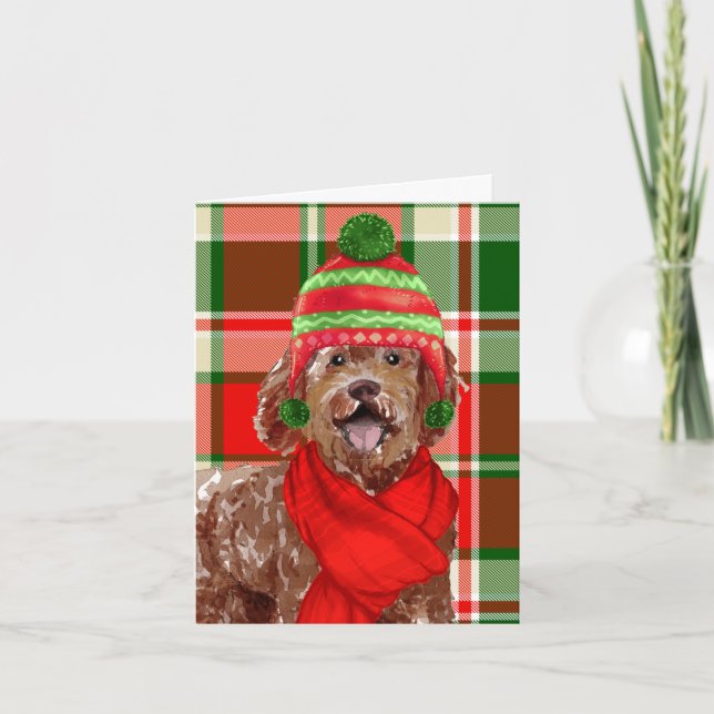 Cartão De Festividades Marrom-Natal Labradoodle Cão e Xadrez festiva (Frente)