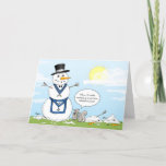 Cartão De Festividades Masonic Frosty, o Natal do Snowman<br><div class="desc">Qual é o segredo desse boneco de neve? Será que ele é um pedreiro e aguenta o calor? Mande boas risadas e gritos para seus companheiros irmãos e suas famílias este ano com estes cartões engraçados de Natal! A engraçada design de férias e a ilustração de Frosty the Snowman de...</div>