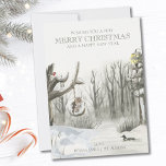 Cartão De Festividades Médio Winter Snowy Woodland Nature Christmas<br><div class="desc">Cartão de Natal personalizado com uma redação totalmente editável. A design apresenta uma cena natural de inverno médio com o brilho quente de uma lâmpada de rua,  um pato no lago,  uma coruja no balanço e um pino na árvore.</div>