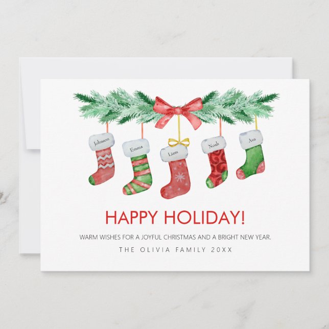 Cartão De Festividades Meias de Natal 5 Nomes de Família Feliz (Frente)