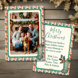 Cartão De Festividades Meias de Natal Vintage Fofas e Foto da Família