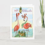 Cartão De Festividades Mele Kalikimaka Pink Flamingo de Natal<br><div class="desc">Quer desejar aos amigos e à família um aloha quente neste Natal? Aqui estão alguns cartões de Natal Mele Kalikimaka, únicos e bonitos, projetados por Raphaela Wilson. A ilustração mostra 2 flamingos cor-de-rosa vestindo chapéus festivos de férias numa praia tropical quente com ondas cintilantes. Um saco cheio de abacaxi ouro...</div>