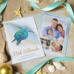 Cartão De Festividades Mele Kalikimaka Sea Turtle Beach Coastal 3 Foto<br><div class="desc">Este cartão de Natal com tema para o Havaí costeiro apresenta uma tartaruga azul-turquesa de cor-d'água em um fundo de praia abstrato com uma onda cintilante de brilho dourado e Mele Kalikimaka de ouro. No verso estão 3 modelos de fotos para personalizar facilmente as cartas com suas fotos favoritas da...</div>