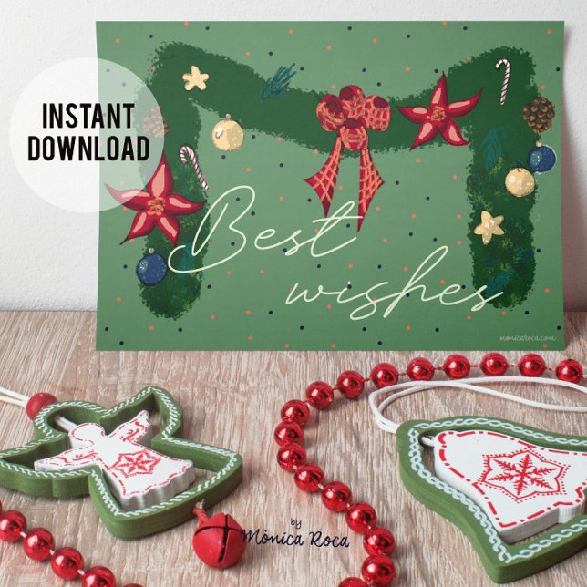 Cartão De Festividades Melhores cumprimentos. Personalizável (Christmas greeting with the typical Christmas wreath. Downloadable digital option and printed paper)