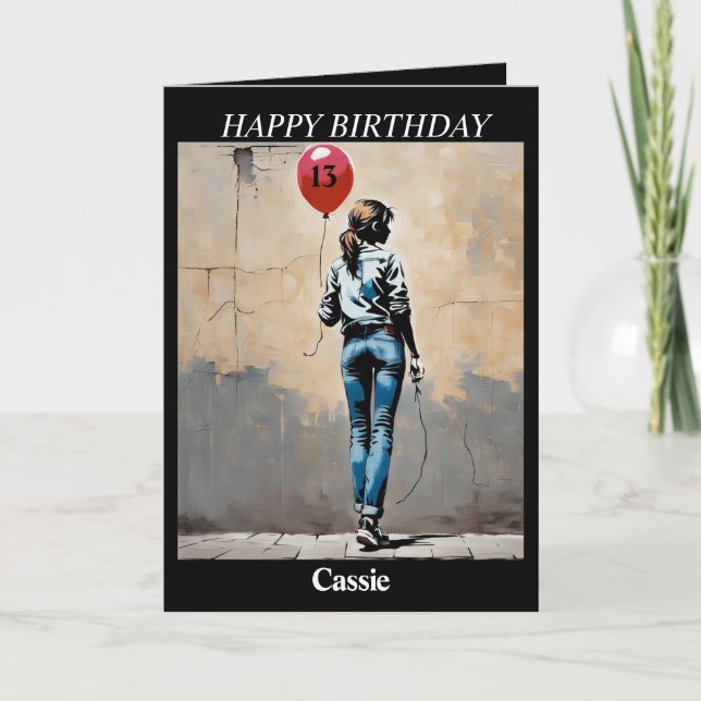 Cartão De Festividades Menina adolescente com balão vermelho Banksy estil (Frente)