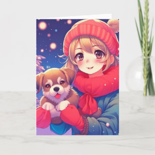 Cartão De Festividades Menina Anime com Cachorrinho Natal Personalizado