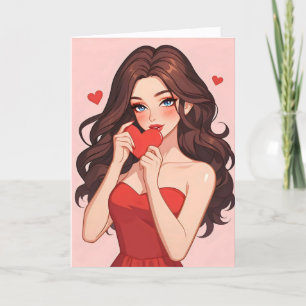Cartão De Festividades Menina Anime Fofa Amor Rosa