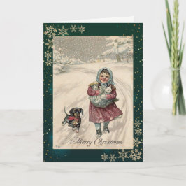 Cartão De Festividades Menina Antiga Cuida de Flocos de Neve