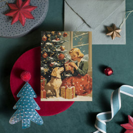 Cartão De Festividades Menina com Cachorro junto à Árvore de Natal Vintag
