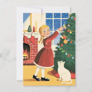 Cartão De Festividades Menina com Gato Decorando Árvore Natal Vintage   