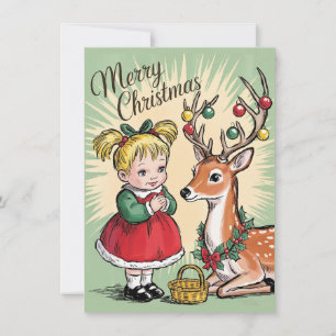 Cartão De Festividades Menina com Querido Renas Velho Natal         