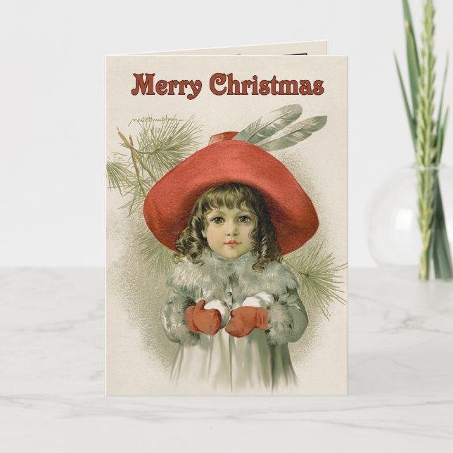 Cartão De Festividades Menina com Snowballs - Maud Humphrey (Frente)