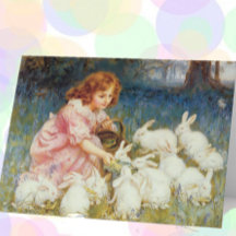 Menina da Páscoa Vintage Alimentando Coelhos Branc