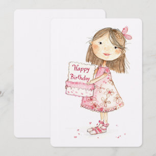 Cartão De Festividades Menina de Aniversário com Bolo de Aniversário