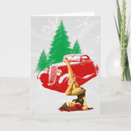 Cartão De Festividades Menina do Pin-Acima do Natal e carro clássico