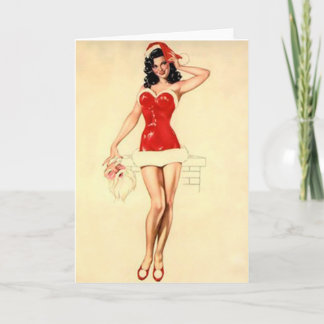 Cartão De Festividades Menina do Pin-Acima do Natal e papai noel clássico