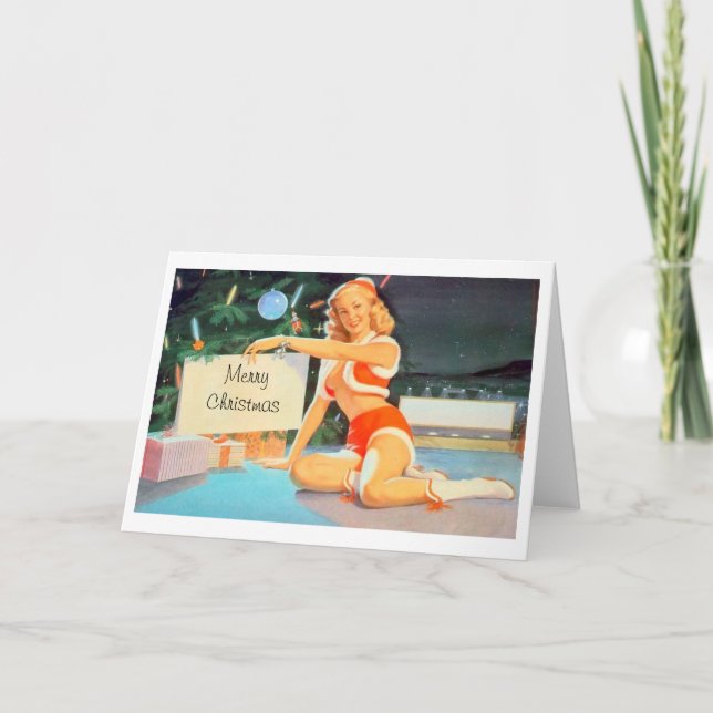 Cartão De Festividades Menina do Pin-Acima do Natal sob a árvore (Frente)