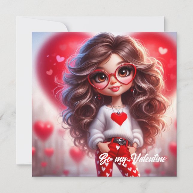 Cartão De Festividades Menina doida Namorados bonita com amor vermelho (Frente)