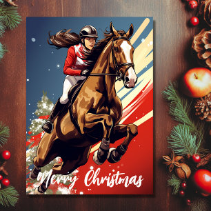 Cartão De Festividades Menina e Cavalo Saltando Feliz Natal