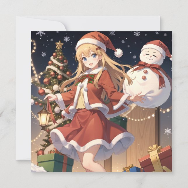 Cartão De Festividades Menina fofa de anime no Natal (Frente)