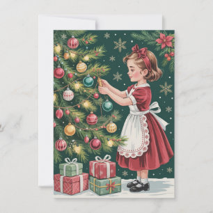 Cartão De Festividades Menina Fofa Decorando Árvore Natal Vintage       