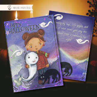 Cartão De Festividades Menina Fofa, Fantasma e Gato Preto | Espetáculo As