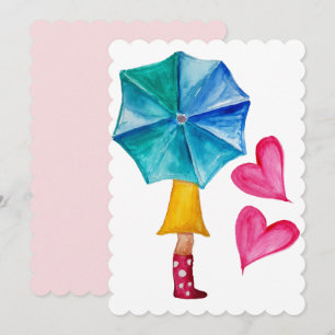 Cartão De Festividades Menina Guarda-chuva Aquarela Corações
