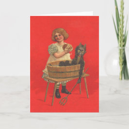 Cartão De Festividades Menina limpando o Krampus