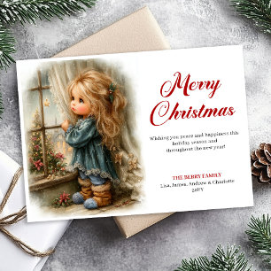 Cartão De Festividades Menina retrô aguardando o Natal digital de Natal